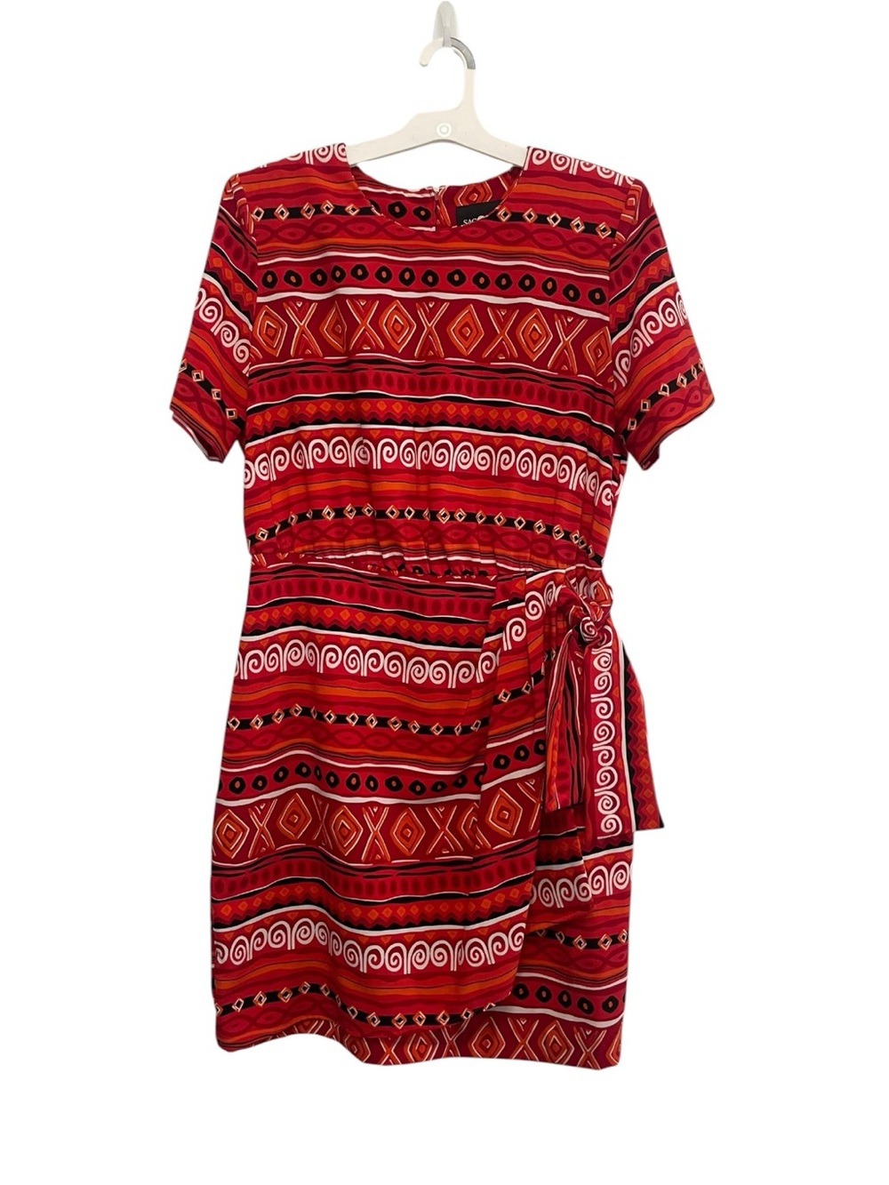 VTG Sag Harbor Wrap Waist Dress Womens 14 Red Geometric Print 90s shoulder pads